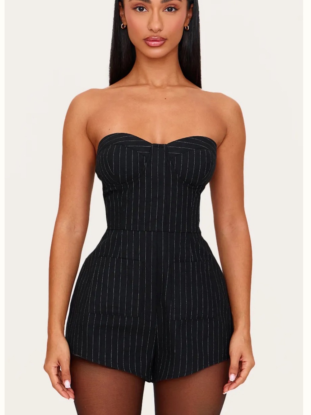 PrettyLittleThing Black Pinstripe Strapless Romper